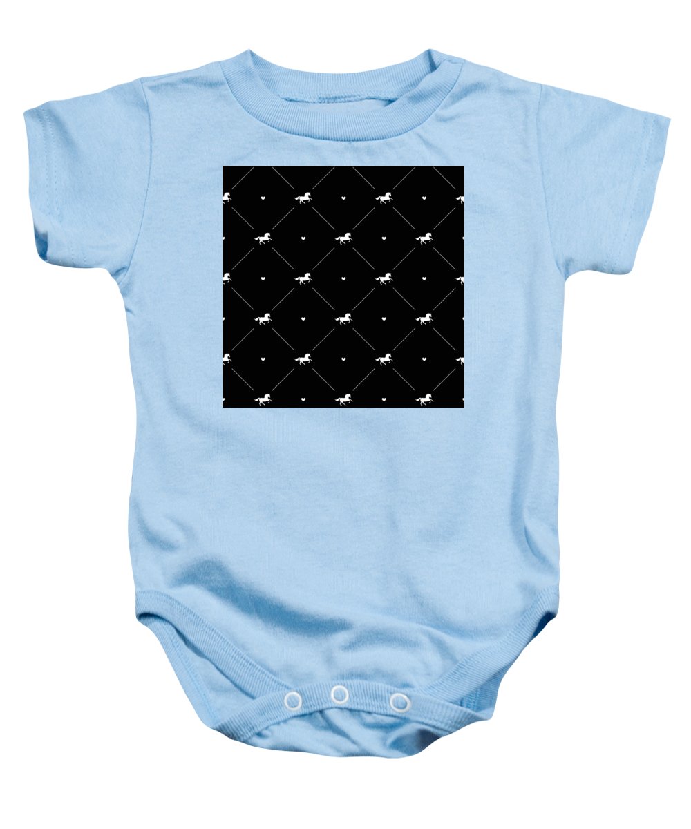 Vector seamless pattern of white horse silhouette with heart isolated on black - Baby Onesie