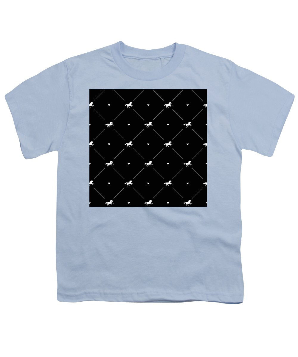 Vector seamless pattern of white horse silhouette with heart isolated on black - Youth T-Shirt