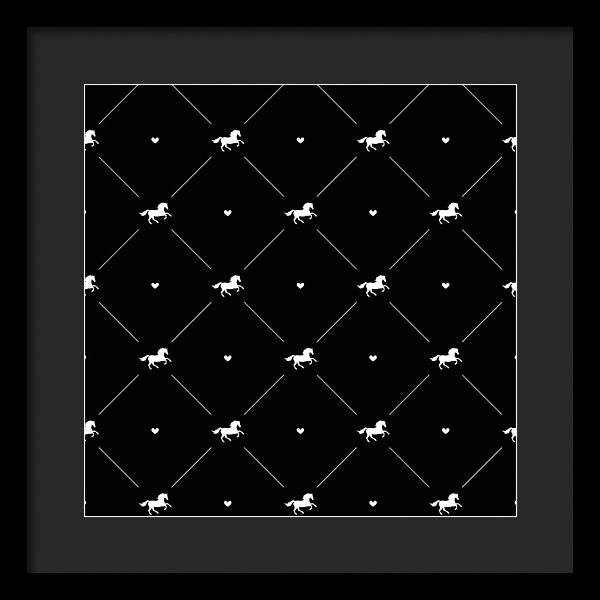 Vector seamless pattern of white horse silhouette with heart isolated on black - Framed Print