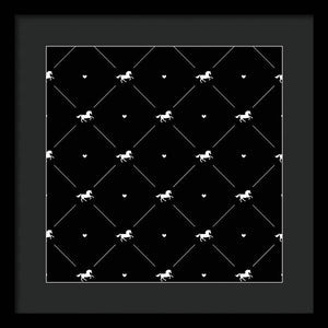 Vector seamless pattern of white horse silhouette with heart isolated on black - Framed Print