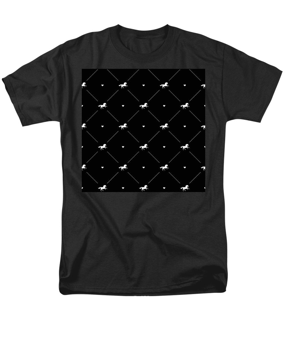 Vector seamless pattern of white horse silhouette with heart isolated on black - Men's T-Shirt  (Regular Fit)