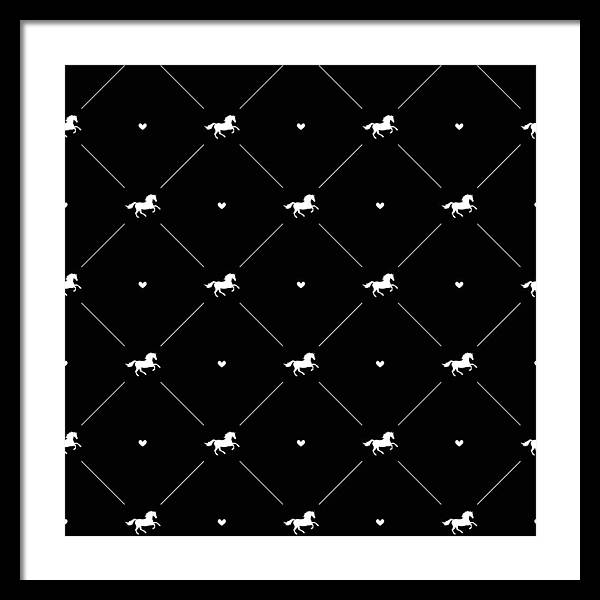 Vector seamless pattern of white horse silhouette with heart isolated on black - Framed Print