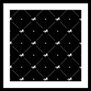Vector seamless pattern of white horse silhouette with heart isolated on black - Framed Print